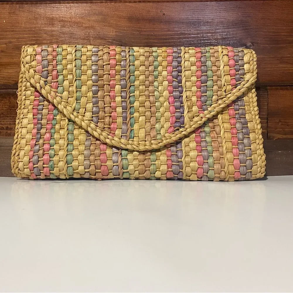 Vintage Straw Chic Flap Beach Boho Summer Multi-Color Striped Clutch Hand Bag